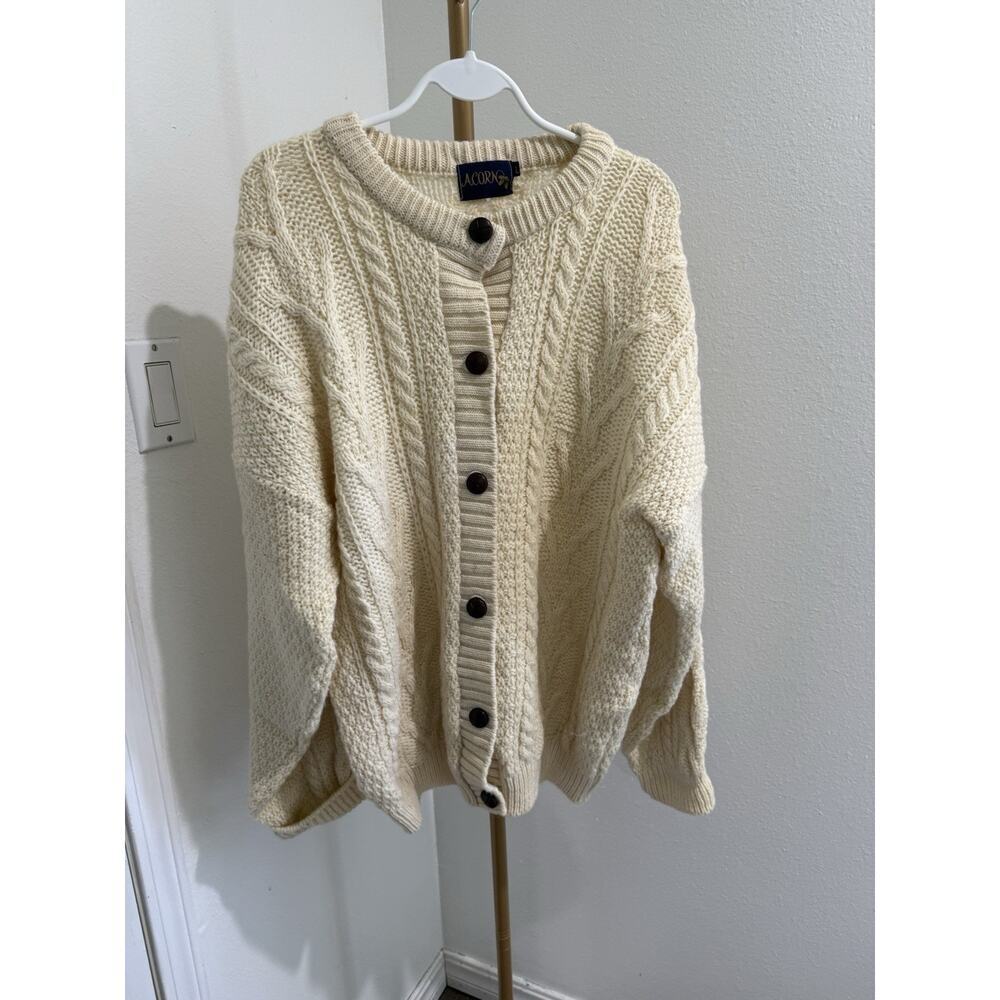 Vtg Acorn Pure Wool Cable Knit Sweater Cardigan Fisherman‎ Womens L